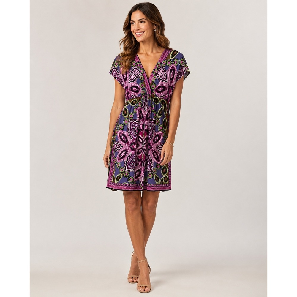 Y2K AB Studio Babydoll Dress Womens Small Purple Pink Paisley Cap Sleeve